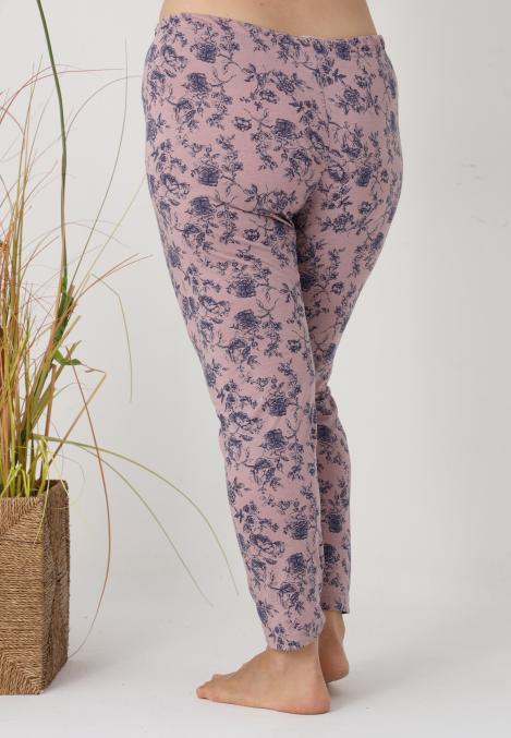 Pantaloni de Pijama Dama Lungi,Big Size,Culoare Roz Pudrat cu Flori Albastre ,Engros